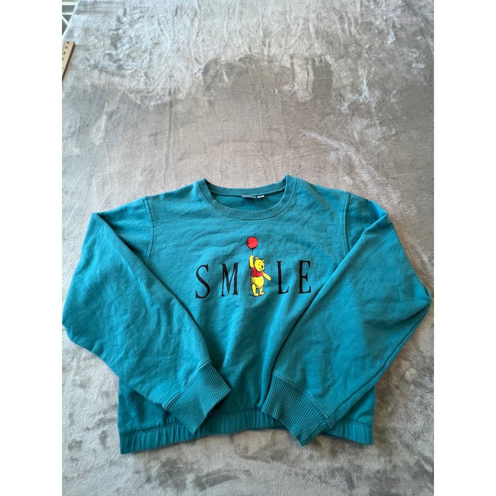 Disney Sweatshirt Women Large Teal Blue Winnie the Pooh Smile Graphic Pullover